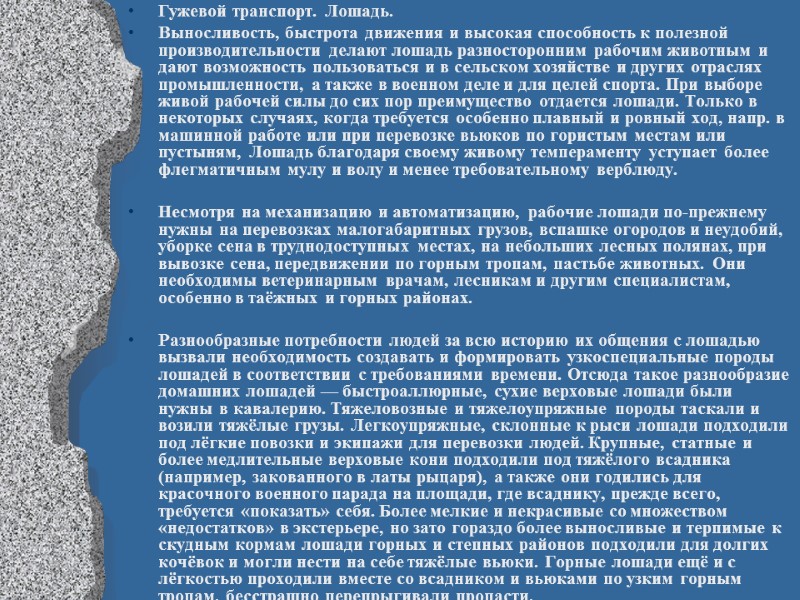 Гужевой транспорт. Лошадь. Выносливость, быстрота движения и высокая способность к полезной производительности делают лошадь